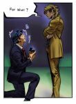  2boys blonde_hair crossed_arms dio_brando inseki jojo_no_kimyou_na_bouken jonathan_joestar male_focus marriage_proposal multiple_boys pants phantom_blood rejection speech_bubble standing stardust_crusaders suit tmblyeet yaoi 
