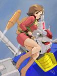  1girl boots breasts brown_boots brown_hair collared_dress commentary dress earth_federation flying fraw_bow from_side gundam jetpack knee_boots looking_at_viewer mecha mobile_suit mobile_suit_gundam moroboshi_danshaku neckerchief pink_dress robot rx-78-2_gundam sample_watermark science_fiction short_dress small_breasts smile watermark yellow_neckerchief 