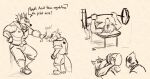  2022 anthro athletic athletic_anthro athletic_male avian beak belt bird boots bottomwear bullying canid canine canis clothing comic dialogue english_text exercise falco_lombardi feathers footwear fox fox_mccloud fur furry_tail group jacket jaumsche leaning_against_wall male mammal nintendo pants protein_shake shoes short size_difference sketch speech_bubble star_fox tail tall text topwear vest weightlifting weights wolf wolf_o'donnell workout 