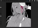  2girls alternate_hair_length_(longer) art_program_in_frame art_program_request black_background blood bow collared_shirt colored_blood commentary dated_commentary frilled_wrist_cuffs frills guro hair_bow highres injury long_hair maribel_hearn multiple_girls necktie object_in_eye open_mouth oriharareimu pen shirt solo_focus spot_color sweat touhou usami_renko wrist_cuffs 