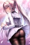  absurdres alternate_costume alva_(girls'_frontline_2) alva_(wisteria_tidings)_(girls'_frontline_2) an-94 an-94_(girls'_frontline) assault_rifle collared_shirt girls'_frontline girls'_frontline_2:_exilium green_eyes grey_jacket grey_sailor_collar grey_skirt gun hairband headband high_ponytail highres jacket long_hair long_sleeves looking_at_viewer panties panties_under_pantyhose pantyhose pink_hairband pink_headband pink_ribbon ponytail ribbon rifle sailor_collar school_uniform see-through_clothes see-through_pantyhose shirt skirt striped_clothes striped_panties thighband_pantyhose underwear weapon white_hair wind wind_lift xlscaler 