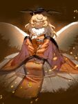  1girl antennae arthropod_girl black_hat blonde_hair blush breasts bug chinese_commentary closed_mouth commentary_request constellation_print detached_sleeves hat highres insect_wings long_hair looking_at_viewer matara_okina medium_breasts moth_girl orange_tabard shouxishao_jiuyuan silk_moth sitting skirt smile solo tabard touhou wide_sleeves wings yellow_eyes 