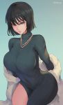  1girl bangs black_hair breasts commentary covered_navel curvy dress english_commentary fubuki_(one-punch_man) fur_coat green_eyes highres jewelry large_breasts lips long_dress necklace off-shoulder_coat one-punch_man pearl_necklace ribbed_dress shexyo short_hair side_slit solo straight_hair thighs turtleneck_dress undressing 