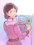  1girl belt brown_eyes brown_hair collared_dress commentary_request cowboy_shot dress earth_federation from_behind grin gundam highres holding long_sleeves looking_at_viewer looking_back military_uniform mirai_yashima mobile_suit_gundam moroboshi_danshaku pink_dress simple_background smile solo steering_wheel upper_body 