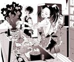  1boy 1girl ^_^ apron back_bow belt boku_no_hero_academia bottle bow breasts broken_plate burn_scar carrot closed_eyes collared_shirt commentary_request cooking cooking_together counter cutting_board failure floral_print_apron food food_wrapper frilled_apron frills frying_pan greyscale hanamori_ichigo holding holding_frying_pan holding_knife indoors kitchen knife large_breasts medium_hair messy_room microwave monochrome necktie onion open_mouth pants plate pleated_skirt ponytail profile refrigerator sauce scar scar_on_face school_uniform shirt short_hair sink skirt smile smoke spatula spill standing stove teeth three-quarter_sleeves todoroki_shoto upper_teeth_only yaoyorozu_momo 