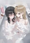  2girls absurdres black_eyes black_hair blood blush boxcutter brown_hair cigarette_butt closed_eyes commentary_request cut-here_line foam halo highres long_hair mansu_(mansu113355) multiple_girls open_mouth original same-sex_bathing shared_bathing wrist_cuffs yuri 