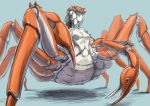  1girl abs bearclaw blue_background blue_eyes breasts carapace commentary_request completely_nude crab_girl expressionless extra_legs insect_girl looking_to_the_side monster_girl nude original pincers sketch solo standing 