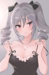  1girl argule0901 bare_shoulders black_camisole blush breasts camisole cleavage collarbone drill_hair eyebrows_visible_through_hair flying_sweatdrops hair_between_eyes highres idolmaster idolmaster_cinderella_girls kanzaki_ranko lace-trimmed_camisole long_hair looking_at_viewer off_shoulder red_eyes ribbon silver_hair simple_background solo sweatdrop tears twin_drills twintails upper_body 