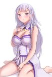  bare_legs breasts cleavage emilia_(re:zero) hair_ornament hand_on_own_chest highres kuyarei large_breasts long_hair looking_to_the_side no_shoes open_mouth pleated_skirt purple_eyes re:zero_kara_hajimeru_isekai_seikatsu seiza simple_background sitting skirt white_background white_hair 