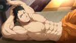  1boy abs akitaru_oubi armpits bara black_hair brown_eyes chest en&#039;en_no_shouboutai highres kuroshinki lying male_focus muscle navel nipples on_back pectorals shirtless short_hair solo upper_body veins weightlifting 