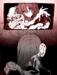  1girl 1other alternate_hair_length_(longer) black_capelet black_eyes black_hair black_shirt body_horror capelet closed_mouth collared_shirt commentary contrast_collar dated_commentary eyes_on_body guro hat highres horror_(theme) hug long_hair long_sleeves looking_at_another maribel_hearn missing_headwear mob_cap monsterification oriharareimu red_theme shirt smile tentacles touhou usami_renko white_hat 