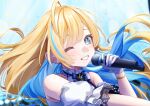  1girl absurdres bare_shoulders blonde_hair blue_eyes blue_hair colored_inner_hair detached_sleeves gloves gradient_eyes highres holding holding_microphone long_hair looking_at_viewer microphone multicolored_eyes multicolored_hair one_eye_closed parted_lips portrait puffy_short_sleeves puffy_sleeves riot_music shirakawa_shirase short_sleeves smile solo streaked_hair torzzei two-tone_hair virtual_youtuber white_gloves yellow_eyes 