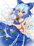  1girl argyle argyle_background blue_dress blue_eyes blue_hair cirno clenched_hand cowboy_shot dress dutch_angle flower foreshortening hidden_star_in_four_seasons highres ice ice_wings mimottei neck_ribbon open_hand open_mouth outstretched_arm plant puffy_short_sleeves puffy_sleeves ribbon short_hair short_sleeves smile solo sunflower tan tanned_cirno touhou vines wings 