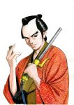  1boy between_fingers black_hair brown_eyes brown_kimono chonmage closed_mouth coin commentary_request hands_up haori highres holding holding_coin holding_weapon holed_coin japanese_clothes jitte kimono kimura_naomi male_focus nihongami painting_(medium) print_haori red_haori seigaiha short_hair sideways_glance simple_background solo striped_clothes striped_kimono topknot traditional_media upper_body vertical-striped_clothes vertical-striped_kimono weapon white_background zenigata_heiji zenigata_heiji_torimono_hikae 