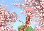  1girl absurdres bandaged_arm bandages blue_sky breasts broken broken_chain bug bun_cover butterfly butterfly_on_hand chain cherry_blossoms chinese_commentary ci_sheng_shi_ying commentary_request cuffs day double_bun flower green_skirt hair_between_eyes hair_bun highres ibaraki_kasen looking_at_viewer medium_breasts medium_hair open_mouth outdoors pink_flower pink_hair pink_rose red_tabard ribbon-trimmed_skirt ribbon_trim rose shackles shirt skirt sky smile solo tabard touhou white_shirt yellow_eyes 