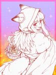  1girl :d alternate_costume animal_ear_fluff animal_ears arknights basket blush caffichai capelet commentary cookie cosplay dress ears_through_headwear english_commentary fanfiction_available fang food fox_ears fox_girl fox_tail from_behind frostleaf_(arknights) highres holding holding_basket hood hood_up linkin_park little_red_riding_hood_(fairy_tale_character) little_red_riding_hood_(fairy_tale_character)_(cosplay) long_hair looking_at_viewer looking_back mp3_player open_mouth picnic_basket pink_eyes pretzel skin_fang smile solo spot_color tail 