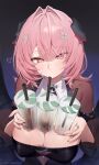  1girl absurdres berserker_r black_dress black_shrug breasts bubble_tea bubble_tea_challenge cleavage cup disposable_cup dress drinking_straw drinking_straw_in_mouth hair_ornament highres holding holding_cup large_breasts looking_at_viewer medium_hair object_on_breast pink_eyes pink_hair pointy_ears remielle_dan shrug_(clothing) solo upper_body zenless_zone_zero 