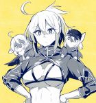 3girls ahoge artoria_pendragon_(all) bikini breasts cleavage commentary_request eyebrows_visible_through_hair fate/grand_order fate_(series) hair_between_eyes hat highres looking_at_viewer medium_breasts monochrome multiple_girls mysterious_heroine_x mysterious_heroine_x_(alter) mysterious_heroine_xx_(foreigner) ponytail swimsuit takatsuki_nato yellow_background 