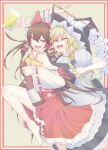 2girls alcohol apron ascot beer beer_mug black_hat black_skirt black_vest blonde_hair bottle bow braid brown_hair commentary_request cube85 cup detached_sleeves fangs frilled_bow frilled_hair_tubes frilled_skirt frills gohei hair_bow hair_tubes hakurei_reimu hat hat_bow highres holding holding_bottle holding_cup holding_gohei holding_microphone kirisame_marisa leg_up long_hair microphone mug multiple_girls one_eye_closed open_mouth puffy_short_sleeves puffy_sleeves red_bow red_eyes red_skirt ribbon-trimmed_sleeves ribbon_trim short_sleeves side_braid single_braid skirt skirt_set smile socks thighs touhou vest waist_apron white_apron white_bow white_socks witch_hat yellow_ascot 
