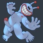  action_pose alien antennae_(anatomy) big_penis black_eyes blue_body blue_skin erection genitals glans hi_res humanoid lips male mascot not_furry penis pose puk_puk ravuer red_glans red_lips short silly_pose simple_background smile solo walter_van_beirendonck 