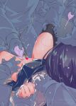  1girl asashio_(kancolle) black_dress black_thighhighs censored clothes_lift commentary_request dress dress_lift enema have_to_pee heart heart_censor highres kantai_collection multiple_boys narumiya_(narumiya) no_panties peeing pinafore_dress purple_hair shirt short_hair sleeveless sleeveless_dress textless_version thighhighs watermark white_shirt 