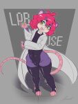  2026 absurd_res anthro biped black_clothing black_legwear black_leotard black_stockings buckteeth bulge clothed clothing coat countershade_face countershade_fur countershade_torso countershading english_text eyebrows femboy front_view fur green_eyes hair hi_res holding_object inner_ear_fluff lab_coat legwear leotard looking_aside male mammal medium_hair mouse murid murine navel_outline open_mouth pink_nose purple_body purple_fur red_hair rodent solo stockings tan_body tan_countershading tan_fur teeth text thigh_highs tight_clothing tongue topwear tuft vial white_clothing white_coat white_inner_ear_fluff white_topwear xperimentss 
