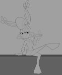  absurd_res anthro avian babs_bunny bedroom_eyes billboi bottomwear bow clothing costume eyelashes female hair half-closed_eyes hi_res loon monochrome narrowed_eyes open_mouth raised_leg seductive shirley_the_loon shirt sitting skirt solo tiny_toon_adventures topwear warner_brothers waving_hand 