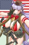  1girl :d alice_gear american_flag ammunition_belt animal_ears belt blunt_bangs bow breasts brown_hat commentary_request covered_nipples ear_covers ear_ribbon gloves gold_ship_(umamusume) green_gloves grin gun hand_up happy_new_year hat headphones headset horse_ears horse_girl huge_breasts long_hair looking_at_viewer m60_(machine_gun) machine_gun nakamura_3sou one_eye_closed pillbox_hat pouch purple_bow purple_eyes purple_hair rifle smile solo standing thighs umamusume weapon 