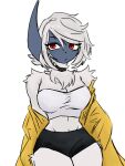  2026 absol anthro athletic athletic_anthro athletic_female blue_body blush blush_lines bottomwear breasts chest_tuft choker clothing crop_top digital_drawing_(artwork) digital_media_(artwork) female fur generation_3_pokemon hair hi_res jacket jewelry looking_away medium_breasts midriff mun_rue navel necklace nintendo pokemon pokemon_(species) pokemorph red_eyes shirt shorts simple_background small_waist solo topwear tuft white_body white_fur white_hair 