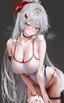  1girl bare_shoulders blush bracelet braid breasts brown_dust_(series) brown_dust_2 choker cleavage closed_mouth commentary fymrie granhildr_(brown_dust) grey_background hair_ornament hair_ribbon hairclip hand_on_own_thigh highleg highleg_one-piece_swimsuit highres jewelry large_breasts long_hair looking_at_viewer nail_polish one-piece_swimsuit ponytail red_choker ribbon simple_background solo spaghetti_strap sweat swimsuit thigh_strap very_long_hair wet white_hair white_one-piece_swimsuit yellow_eyes 