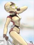  1girl blonde_hair bodysuit brown_gloves collared_bodysuit commentary earth_federation from_side gloves gundam hand_on_own_neck helmet highres mecha_pilot_suit mobile_suit_gundam moroboshi_danshaku normal_suit_(gundam) outdoors sample_watermark sayla_mass solo watermark white_bodysuit 