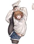  1girl absurdres adapted_costume brown_eyes brown_hair commentary_request cutoffs denim denim_shorts drawstring flipped_hair grin hiei_(kancolle) hiei_(lawson)_(kancolle) highres hood hooded_sweater kantai_collection lilshigu one-hour_drawing_challenge one_eye_closed pantyhose pantyhose_under_shorts shoes short_hair shorts simple_background smile solo split standing standing_on_one_leg standing_split sweater twitter_username white_background white_shoes white_sweater 