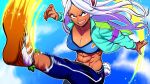  1girl :d abs absurdres aka_nobodyy animal_ears aqua_jacket arm_pouch attack_trail axe_kick blue_pants blue_sky blue_sports_bra boku_no_hero_academia breasts carrot_print cleavage cloud cloudy_sky collarbone commentary dark-skinned_female dark_skin english_commentary floating_hair food_print hand_up highres jacket kicking large_breasts long_eyelashes long_hair looking_at_viewer midair midriff mirko motion_blur motion_lines multicolored_shoes muscular muscular_female navel obliques open_mouth pants parted_bangs rabbit_ears rabbit_girl rabbit_tail red_eyes sky smile solo sports_bra stomach tail tail_through_clothes teeth thighs tight_clothes tight_pants two-tone_shoes upper_teeth_only very_long_hair white_hair wrist_straps 