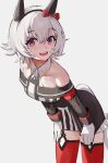  1girl animal_ears bare_shoulders black_dress breasts commentary_request curren_chan_(fille_eclair)_(umamusume) curren_chan_(umamusume) dress feet_out_of_frame highres horse_ears horse_girl horse_tail looking_at_viewer open_mouth red_thighhighs short_hair small_breasts solo solokitsune standing sweat tail thighhighs umamusume white_hair 