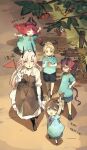  1boy 4girls absurdres aged_down amiya_(arknights) arknights ascalon_(arknights) black_horns black_shorts blonde_hair blue_eyes blue_shirt blue_shorts child chinese_commentary chinese_text closed_eyes commentary_request demon_boy demon_horns dress flag from_above full_body highres holding holding_flag holding_hands horns kindergarten_uniform long_hair manfred_(arknights) minermi_nili multiple_girls nymph_(arknights) open_mouth outdoors pink_eyes pink_hair pointing pointing_up pointy_ears running shirt short_hair shorts smile standing theresa_(arknights) translation_request white_dress 