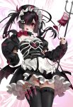  1girl absurdres black_dress black_thighhighs blood blood_bag bow bowtie collar colored_inner_hair cowboy_shot dakemichan demon_girl dress eyepatch highres holding holding_polearm holding_weapon maid maid_headdress multicolored_hair original piercing polearm red_eyes scar sleeves_past_fingers sleeves_past_wrists solo standing syringe thighhighs tongue_piercing trident weapon zettai_ryouiki 