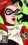  1girl black_eyeshadow black_gloves blonde_hair bodysuit closed_mouth dc_comics english_text eye_mask eyeshadow gloves green_background grey_eyes harley_quinn hat heart heart_hands highres jester_cap latex latex_bodysuit latex_gloves light_smile looking_at_viewer makeup mask multicolored_bodysuit myotisep one_eye_closed pom_pom_(clothes) portrait red_lips signature simple_background single_sidelock solo solo_focus sticker 