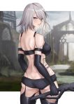  1girl arm_strap ass bangs bare_shoulders black_gloves blue_eyes breasts butt_crack commentary_request cowboy_shot elbow_gloves expulse eyebrows_visible_through_hair from_behind gloves large_breasts looking_at_viewer looking_back midriff mole mole_under_mouth nier_(series) nier_automata short_hair silver_hair solo standing thighs yorha_type_a_no._2 