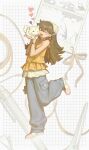  1girl :d absurdres animal animalization bag bare_shoulders black_hair blue_pants brown_bag cargo_pants cherry_earrings chinese_commentary closed_eyes commentary_request earrings food-themed_earrings gootai hands_up heart highres holding holding_animal inuyasha jewelry leg_up long_hair multicolored_shoes open_mouth pants pen pink_shoes rin_(inuyasha) scissors sesshoumaru shirt shoes sleeveless sleeveless_shirt smile two-tone_shoes white_shoes yellow_shirt 