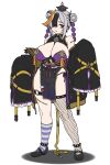  1girl black_hair breasts china_dress chinese_clothes cleavage double_bun dress ear_piercing fishnet_thighhighs fishnets frilled_sleeves frills full_body grey_hair hair_bun hair_over_one_eye hat highres houtengeki jacket jiangshi looking_at_viewer multicolored_hair off_shoulder ofuda ofuda_on_head open_mouth original panties pelvic_curtain pentagram piercing purple_lips purple_panties red_eyes side-tie_panties single_thighhigh sleeves_past_fingers sleeves_past_wrists socks solo standing stitches string_panties striped_clothes striped_socks thighhighs two-tone_hair underwear yin_yang 