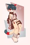  2026 4_fingers anthro bag bandage belt bikabe3m blush bottomless brown_belt brown_cape brown_clothing cape cat_tail clothed clothing digital_media_(artwork) dipstick_tail domestic_cat felid feline felis fingers fur green_body green_ears green_fur green_hair green_tail hair hand_on_face hi_res inner_ear_fluff jacket looking_at_viewer male mammal markings multicolored_body multicolored_ears multicolored_fur multicolored_tail red_body red_ears red_eyes red_fur red_tail simple_background smile solo tail tail_markings tan_body tan_fur topwear tuft whiskers white_clothing white_inner_ear white_inner_ear_fluff white_jacket white_topwear yobotaji_(bikabe3m) 