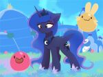  1_horn :3 absurd_res ambiguous_gender black_neckwear black_tiara blue_eyes blue_hair blue_tail closed_smile crossover crown cutie_mark detailed_background digital_drawing_(artwork) digital_media_(artwork) equid equine eyelashes eyeshadow feathered_wings feathers female female_feral feral friendship_is_magic fur group hair hasbro headgear hi_res highlights_(coloring) hooves horn makeup mammal mouth_closed my_little_pony mythological_creature mythological_equine mythology nnalyart open_mouth open_smile pink_highlights princess_luna_(mlp) purple_body purple_eyeshadow purple_hooves purple_wings quadruped shaded slime_(slime_rancher) slime_rancher smile spiral_horn standing tail tiara trio winged_unicorn wings 