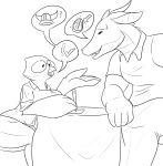  absurd_res anthro armor avian big_breasts big_butt big_hands bird bodily_fluids bottomwear breasts butt carol_the_owl check_mark clothing dragon duo embarrassed exclamation_point eyelashes eyewear feather_hair feather_hands feathers female furniture glasses headgear helmet hi_res horn horned_helmet humanoid interview magnus_the_dragon male male/female monochrome muscular muscular_male mythological_creature mythological_scalie mythology owl pants pencil_(object) pseudo_hair scales scalie sharp_teeth shirt simple_eyes sitting size_difference sketch small_eyes speech_bubble spikes spikes_(anatomy) sweat sweatdrop table teeth thick_thighs topwear twtr 