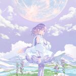  1girl absurdres cape cloud cloudy_sky collar colored_inner_hair commentary detached_sleeves dress ear_ornament floating_cape floating_hair flower from_side full_moon grass hand_on_own_chest hand_up highres ice indie_utaite jewelry looking_ahead medium_hair moon mountainous_horizon multicolored_cape multicolored_hair multiple_rings necklace official_art orange_cape orange_hair outdoors pantyhose parabolic_antenna parted_lips pleated_dress puffy_sleeves purple_cape purple_collar purple_eyes purple_flower purple_hair purple_pantyhose ring river shiho_(utaite) sky solo sparkle standing star_(symbol) star_necklace white_dress yur1ca 