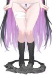  1girl absurdres black_hair black_shoes black_skirt black_socks chitose_(stella_sora) colored_inner_hair highres long_hair lower_body multicolored_hair nikku_nana panties pleated_skirt purple_hair shoes simple_background skindentation skirt socks solo standing stella_sora thigh_strap trembling underwear unworn_skirt white_background white_panties 