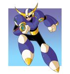  1boy android armor assault_visor ballade_(mega_man) clenched_teeth dashing full_body gloves helmet highres mega_man_(classic) mega_man_(series) purple_armor purple_helmet red_eyes robot solo teeth toastiepumpkin two-tone_background white_gloves 