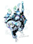  1girl artist_painter beret black_hat bow closed_eyes commentary_request falling full_body hat highres jacket jogasaki_noah long_hair mahou_shoujo_no_majo_saiban multi-tied_hair multicolored_hair off-shoulder_jacket off_shoulder otomebakudan paint_stains paintbrush polka_dot polka_dot_bow ribbon simple_background solo streaked_hair underwater white_background white_hair 