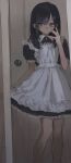  1girl apron artist_self-reference black_dress black_hair blue_hair collared_dress commentary_request dress feet_out_of_frame frilled_apron frills full-length_mirror hand_up highres holding_own_dress kumagai_yuka long_hair looking_at_viewer maid maid_apron mirror original photo-referenced puffy_short_sleeves puffy_sleeves reflection reflection_focus short_sleeves solo waist_apron white_apron 