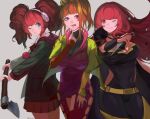  3girls :3 :o :p ;) ;o arm_up axe belt big_hair black_cape blue_eyes blunt_bangs bodysuit boots breasts cape choker cleavage clothing_cutout collared_shirt commentary cones_(c0_nes) covered_navel cropped_jacket crossover drawstring dress earmuffs earrings english_commentary facial_mark fire_emblem fire_emblem_engage gnosia gold_belt gold_boots gold_trim green_jacket green_nails grey_background hair_ornament heart heart_earrings heart_tattoo high_ponytail holding holding_axe holding_kunai holding_weapon hood hood_down hooded_jacket jacket jewelry kunai kyokugen_dasshutsu kyokugen_dasshutsu:_9_jikan_9_nin_9_no_tobira large_breasts long_hair long_sleeves looking_at_viewer multiple_girls nail_polish one_eye_closed open_clothes open_jacket pink_choker plaid_clothes plaid_skirt pom_pom_(clothes) pom_pom_drawstring ponytail purple_bodysuit purple_dress purple_eyes purple_lips red_eyes red_hair red_skirt shirt side_cutout sidelocks simple_background skirt smile solo sq_(gnosia) standing star_(symbol) star_facial_mark star_hair_ornament tattoo thigh_boots thigh_cutout tongue tongue_out trait_connection twintails weapon white_shirt yotsuba_(kyokugen_dasshutsu) yunaka_(fire_emblem) 
