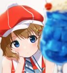  1girl bangs blue_eyes blurry_foreground blush brown_hair closed_mouth food hair_ornament hairclip hat head_rest highres ice_cream ice_cream_float idolmaster idolmaster_million_live! idolmaster_million_live!_theater_days looking red_headwear short_hair simple_background sleeveless solo suou_momoko tsunenorip upper_body white_background 
